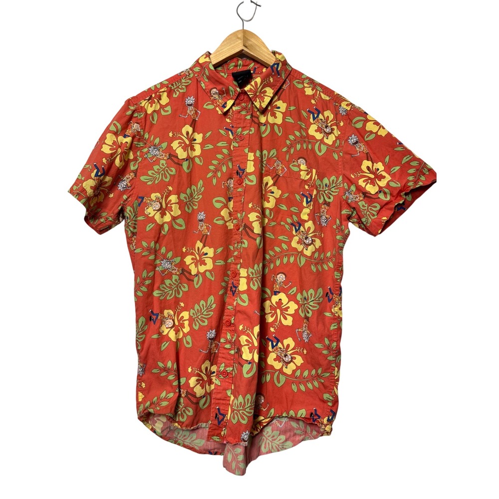 Adult Swim Rick and Morty Mens Large Red Floral Hibiscus Short Sleeve Shirt 2018